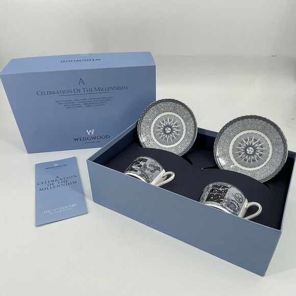 Wedgwood Celebration of the Millennium Bone China Pair Cups/Saucers Original Box - Picture 1 of 12